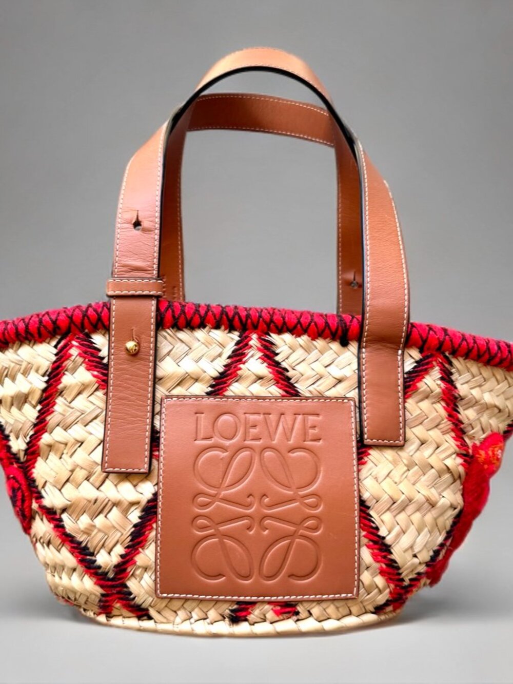 Loewe Paula's Ibiza William de Morgan Felted Red Embroidery Palm Basket Handbag